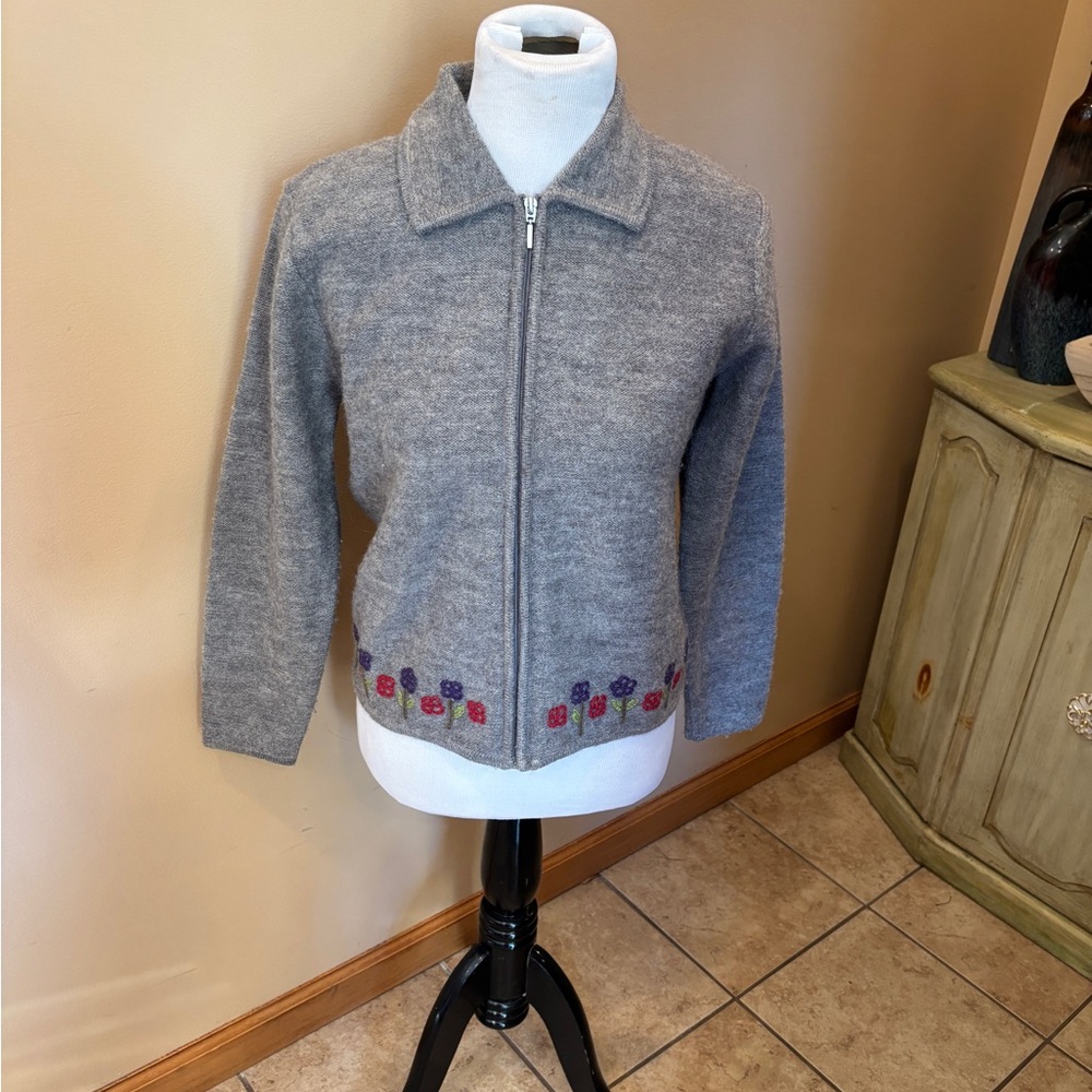 Karen Scott Pure Wool Sweater Full Zip Jacket with Floral Embroidered Accents